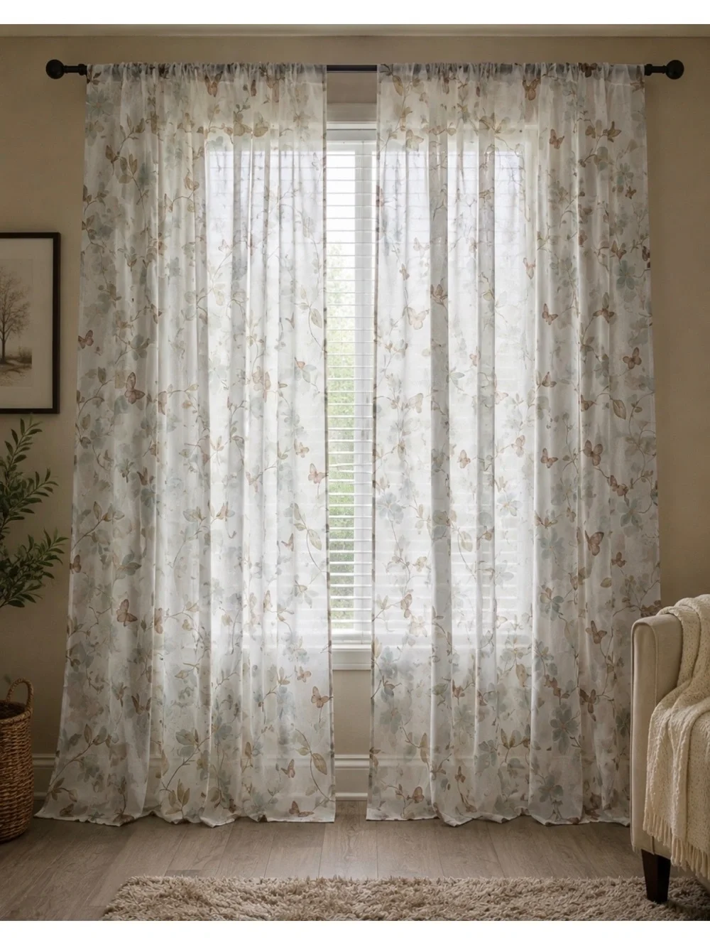 Vintage Floral Butterfly Sheer Curtain Panels